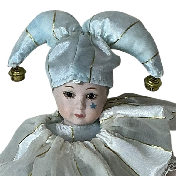 Porcelain Jester Harlequin Doll Blue Gold Silver Vintage Collectible 6 Inch - Picture 3 of 16